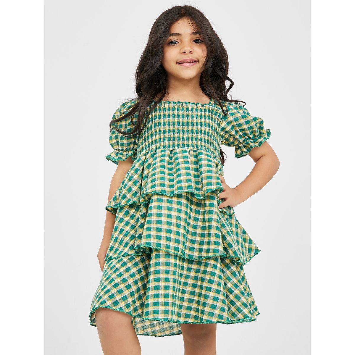 Styli Plaid Puff Sleeves Layered Smocked Detail Dress -girls-clothing-dressesandjumpsuits-image-2