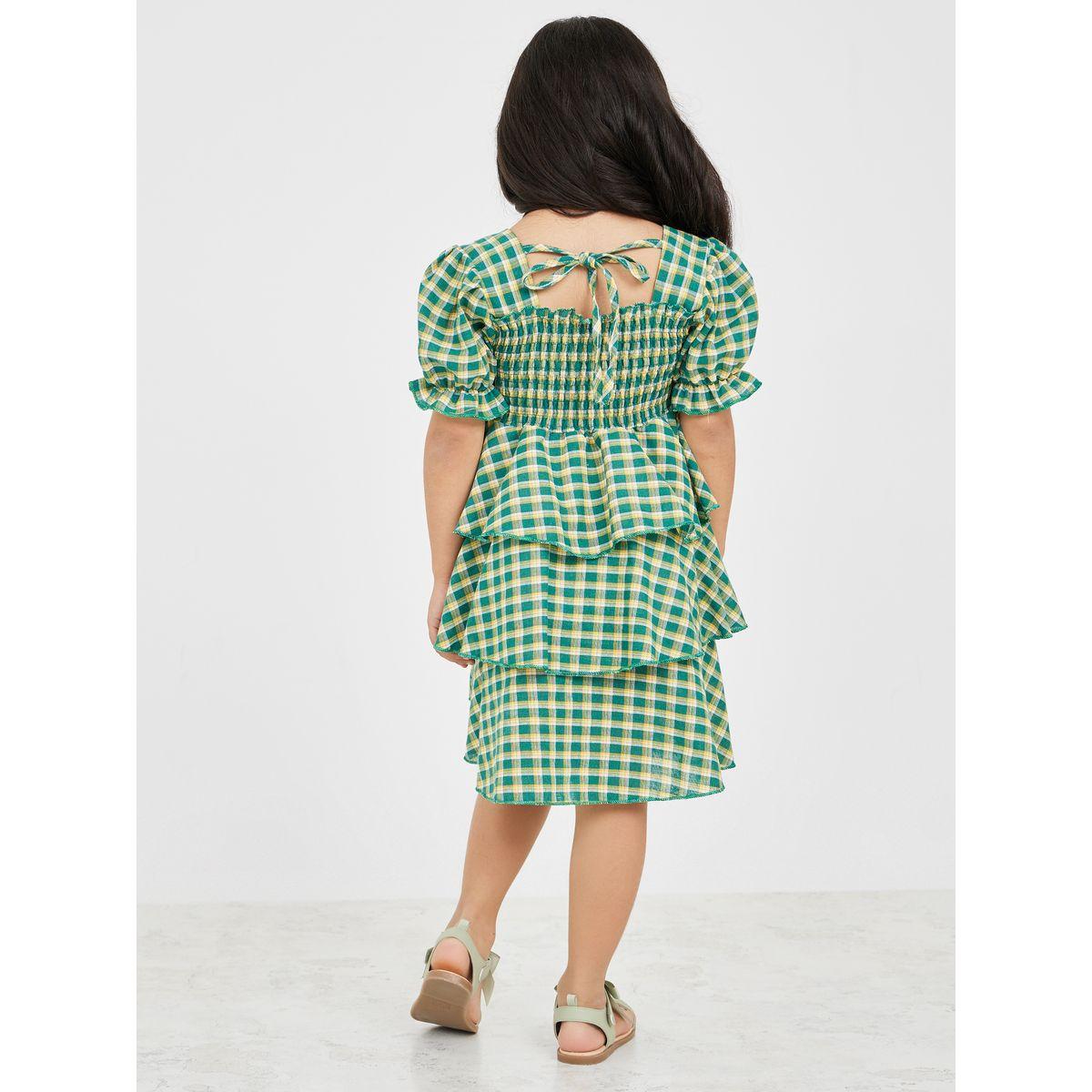 Styli Plaid Puff Sleeves Layered Smocked Detail Dress -girls-clothing-dressesandjumpsuits-image-4