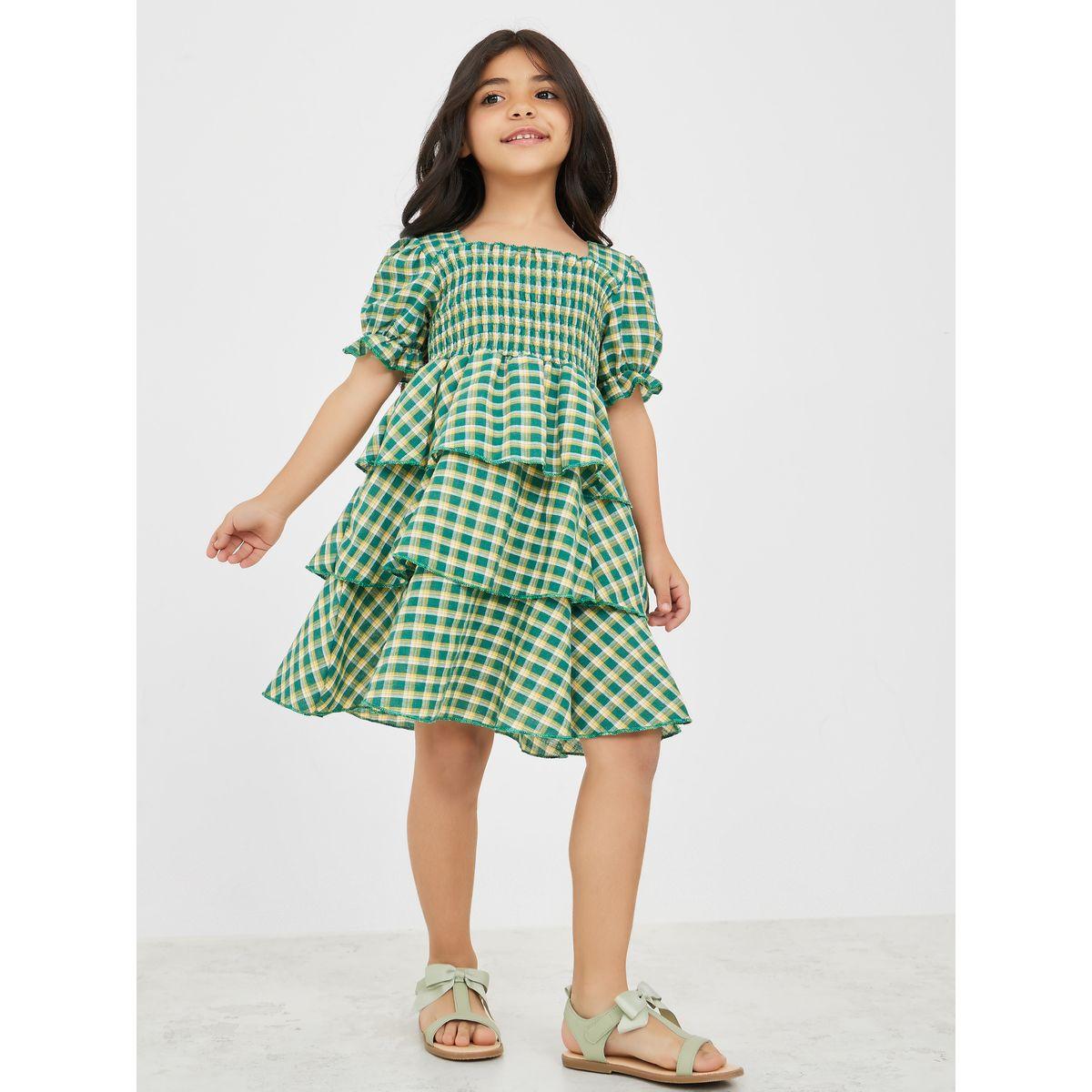 Styli Plaid Puff Sleeves Layered Smocked Detail Dress -girls-clothing-dressesandjumpsuits-image-5