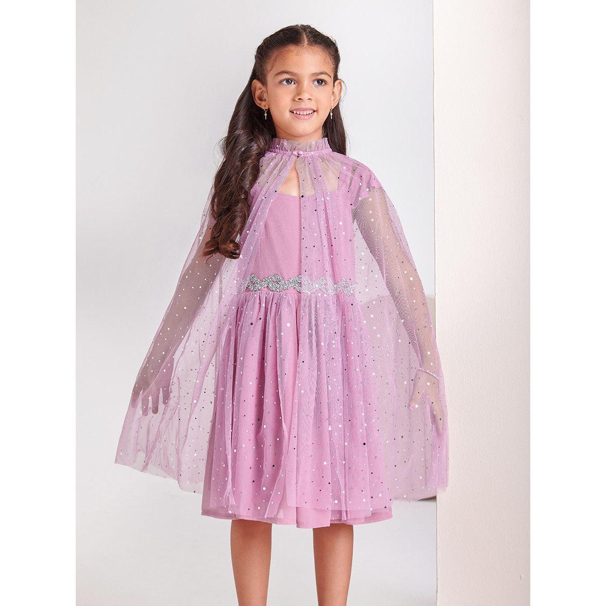 Styli Limited Cold Shoulder Embellished Dress with Cape Set-girls-clothing-dressesandjumpsuits-image-1