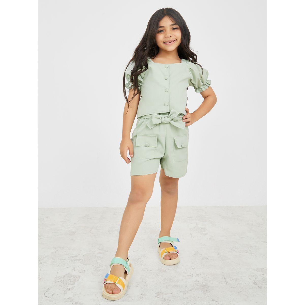 Styli Puff Sleeve Solid Top & Tie Belt Shorts Set-girls-clothing-setsandcoords-image-1
