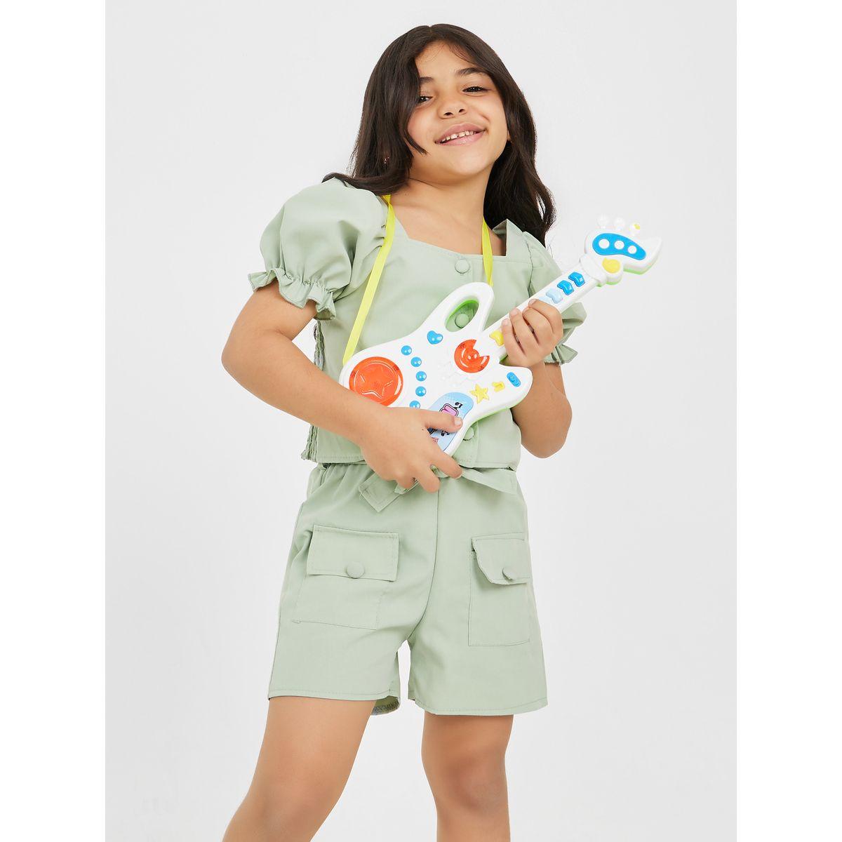 Styli Puff Sleeve Solid Top & Tie Belt Shorts Set-girls-clothing-setsandcoords-image-2