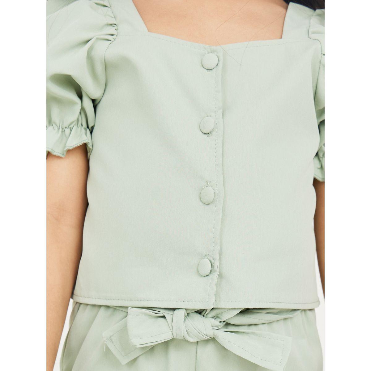 Styli Puff Sleeve Solid Top & Tie Belt Shorts Set-girls-clothing-setsandcoords-image-3