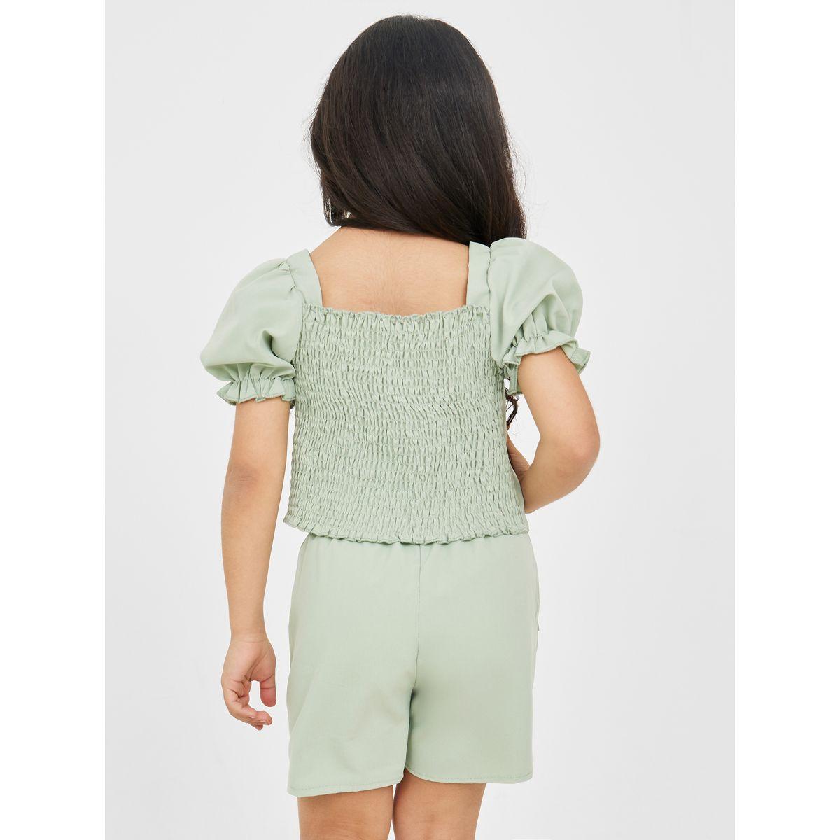 Styli Puff Sleeve Solid Top & Tie Belt Shorts Set-girls-clothing-setsandcoords-image-5