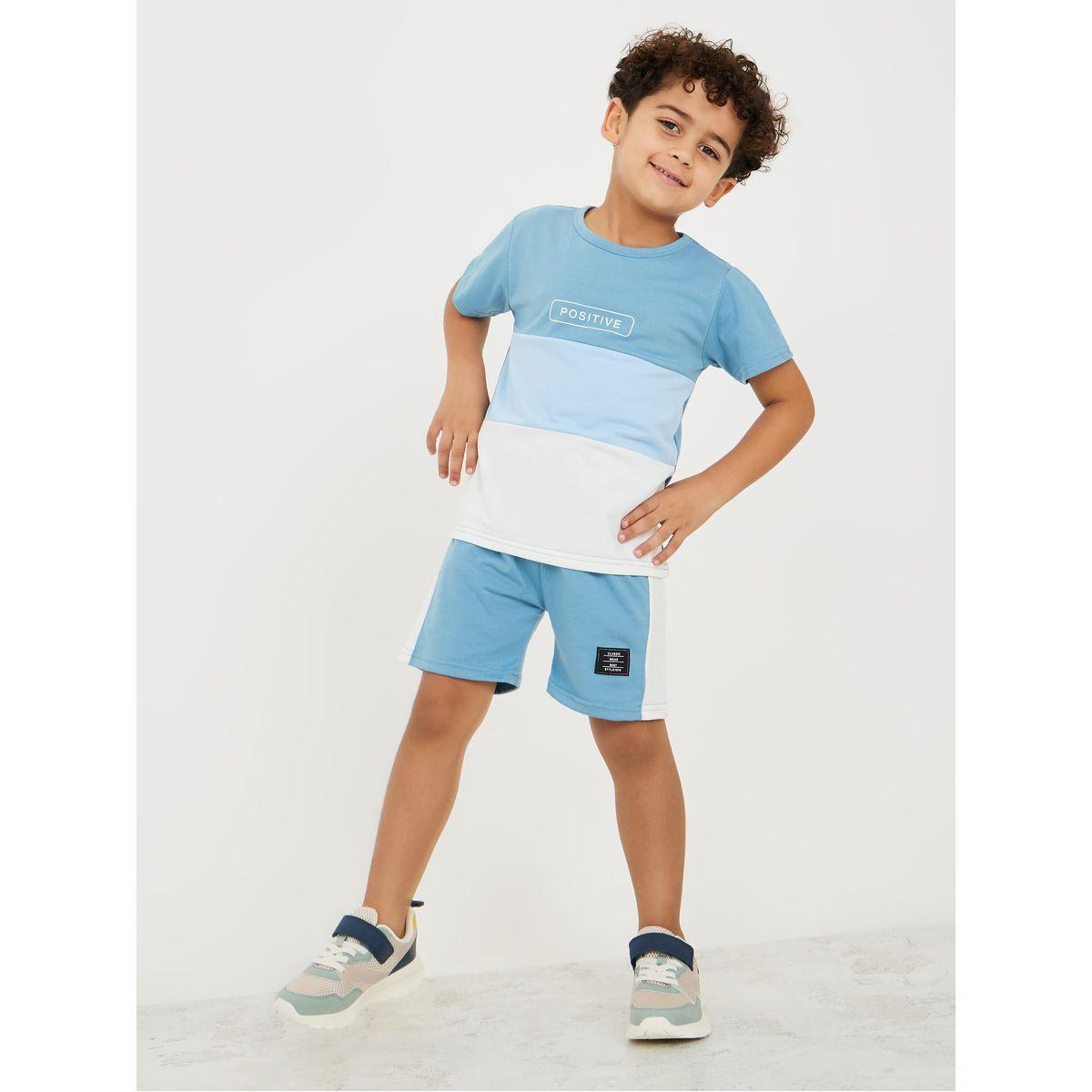 Styli Colorblock Slogan T-Shirt & Shorts Set-boys-clothing-setsandcoords-image-1
