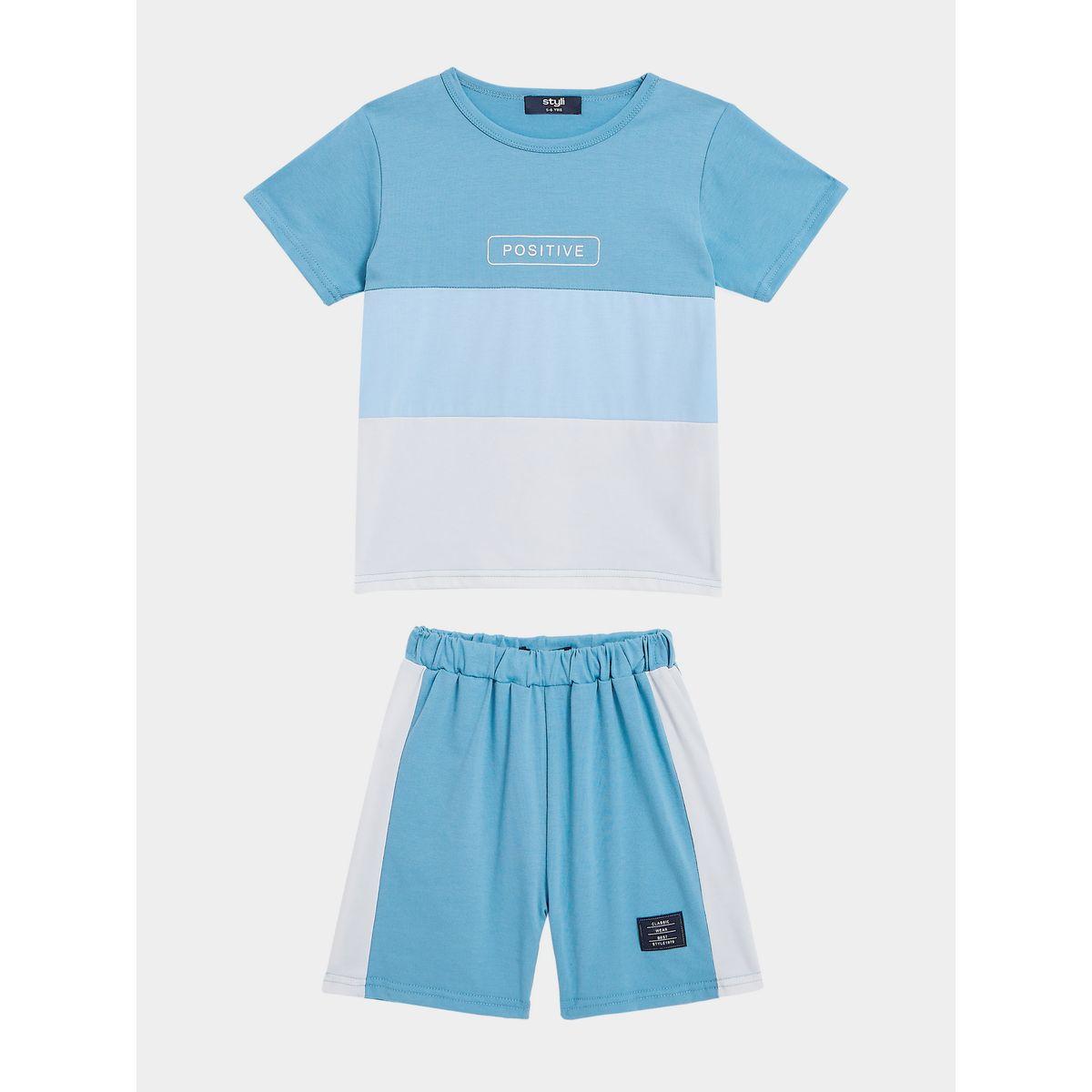 Styli Colorblock Slogan T-Shirt & Shorts Set-boys-clothing-setsandcoords-image-6