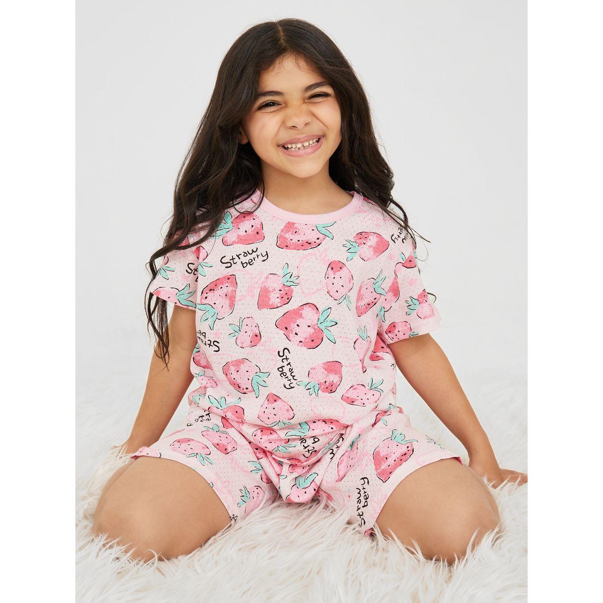 Styli Strawberry AOP T-shirt and Short Set-girls-clothing-nightwear-image-1