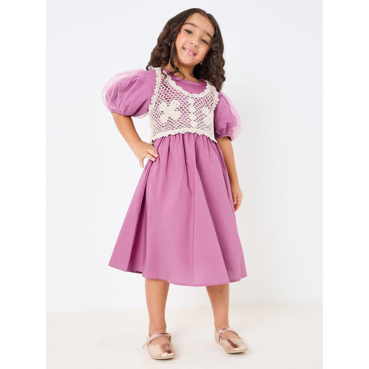 Styli Puff Sleeve A-Line Dress with Crochet Insert-girls-clothing-dressesandjumpsuits-image-1