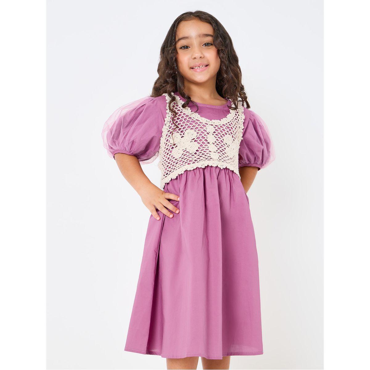 Styli Puff Sleeve A-Line Dress with Crochet Insert-girls-clothing-dressesandjumpsuits-image-2
