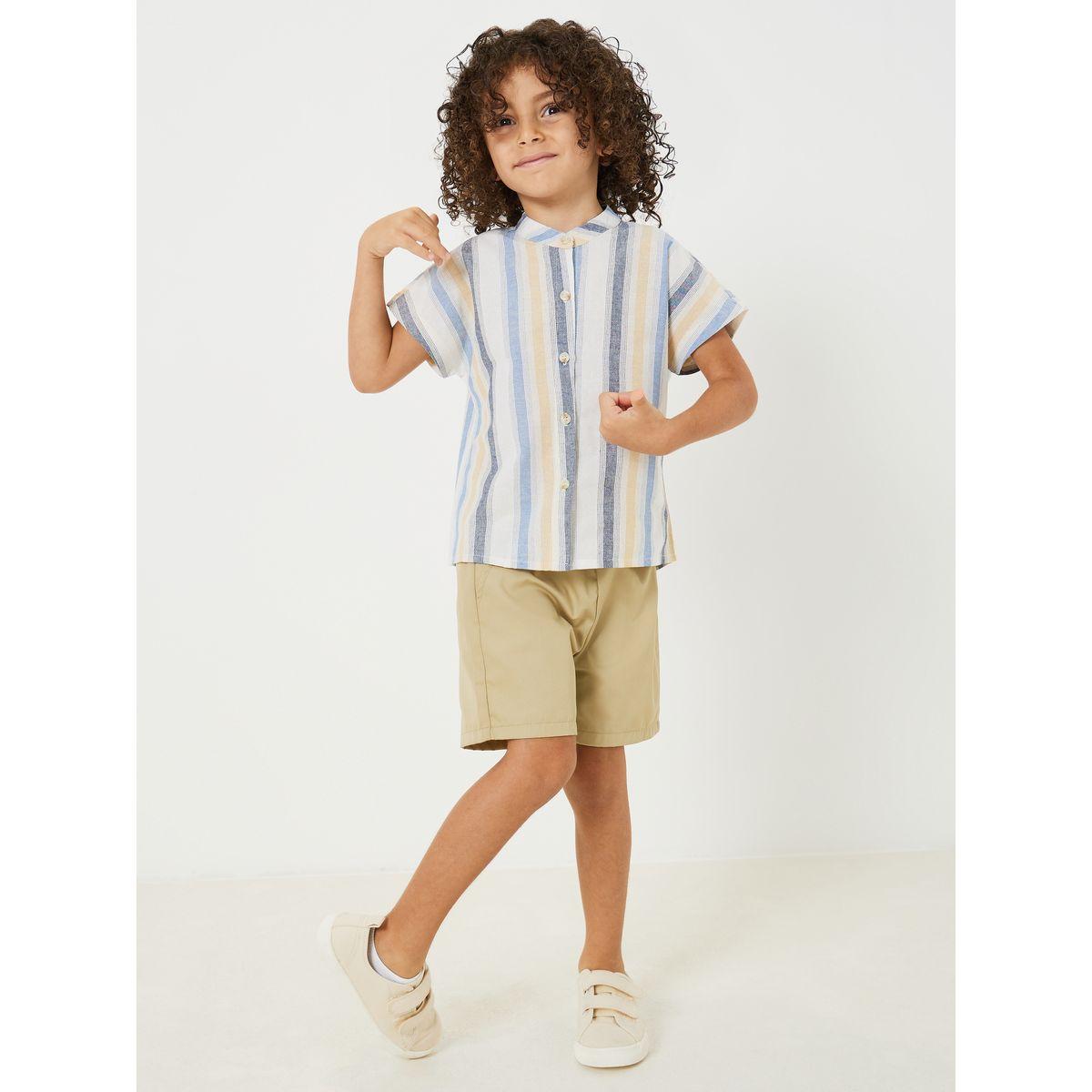 Styli Stand Collar Striped Shirt & Shorts Set-boys-clothing-setsandcoords-image-1