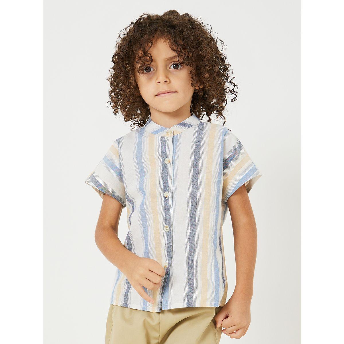 Styli Stand Collar Striped Shirt & Shorts Set-boys-clothing-setsandcoords-image-2