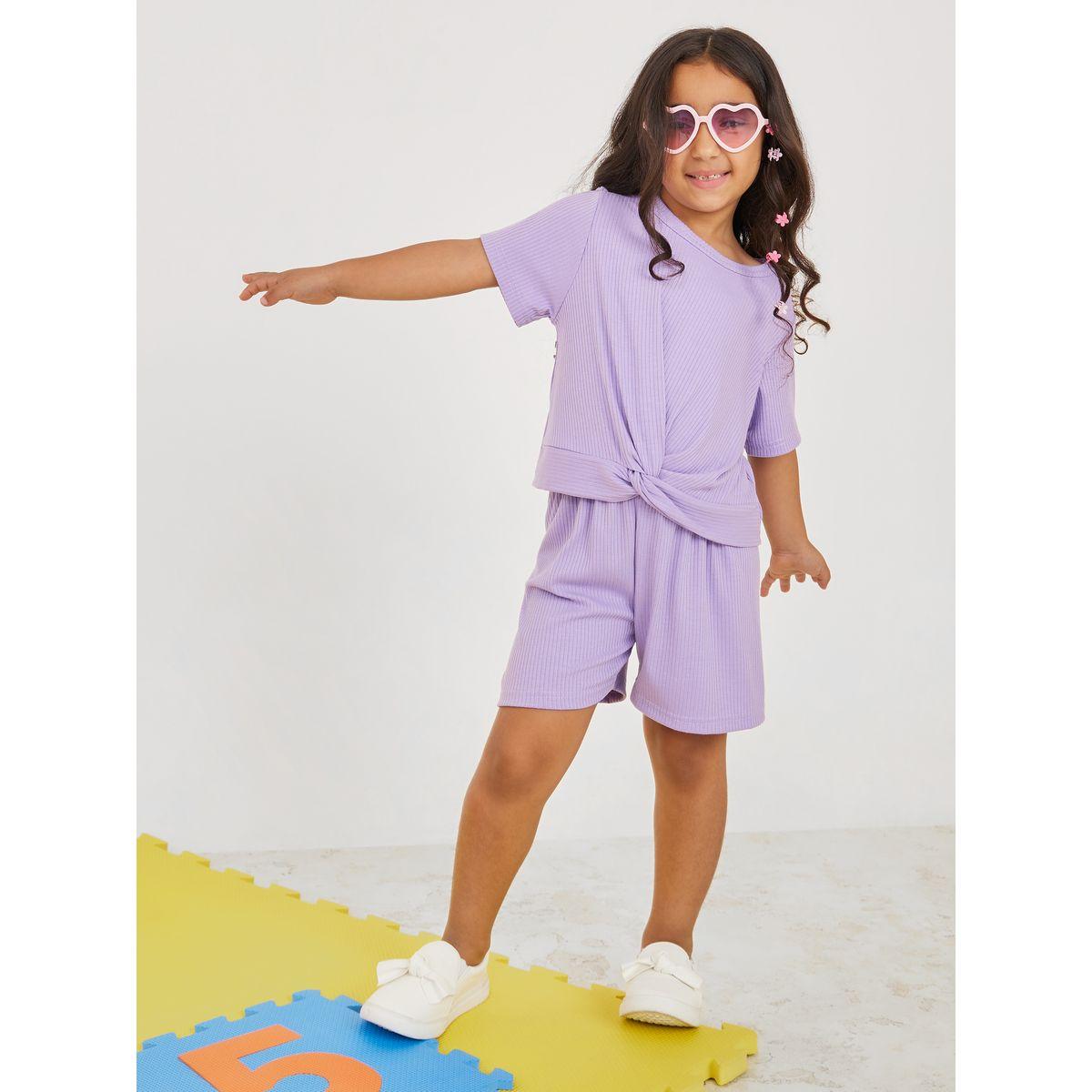 Styli Knot Detail Ribbed T-Shirt & Shorts Set-girls-clothing-setsandcoords-image-1