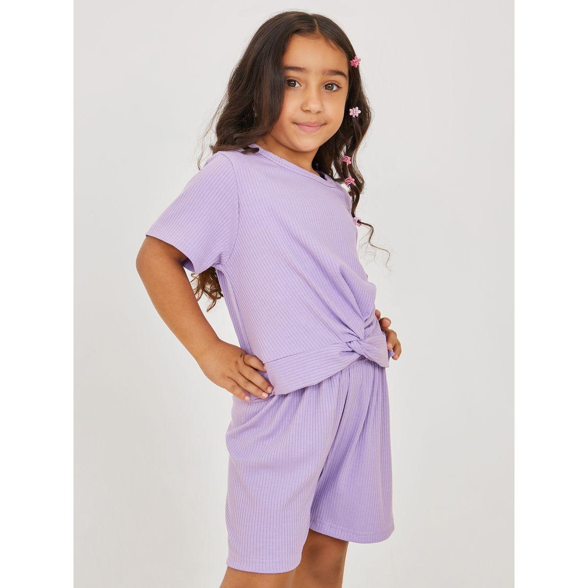 Styli Knot Detail Ribbed T-Shirt & Shorts Set-girls-clothing-setsandcoords-image-2