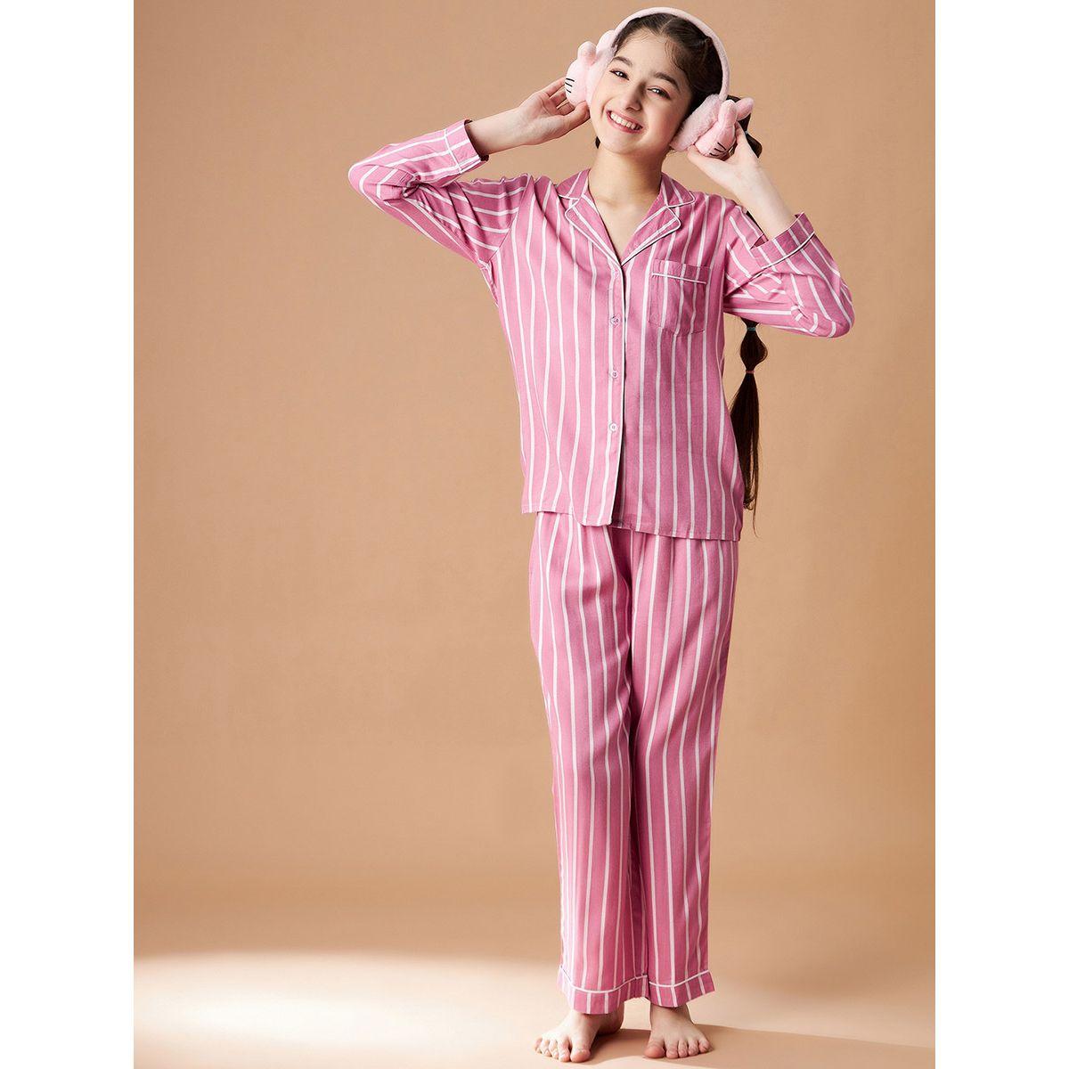 Styli Cotton Striped Shirt & Pyjama Set-girls-clothing-nightwear-image-1