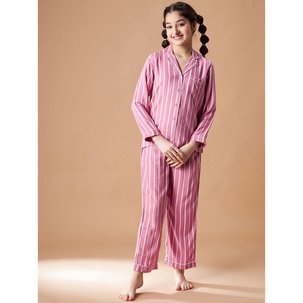 Styli Cotton Striped Shirt & Pyjama Set-girls-clothing-nightwear-image-2