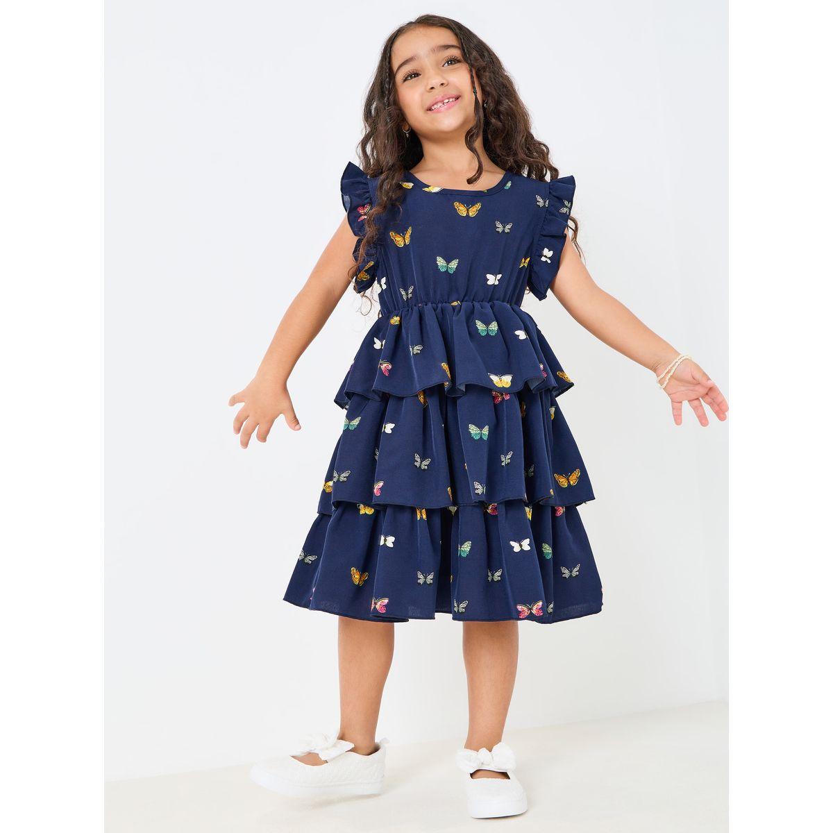 Styli Butterfly Print Ruffle Trim Layered Dress-girls-clothing-dressesandjumpsuits-image-2