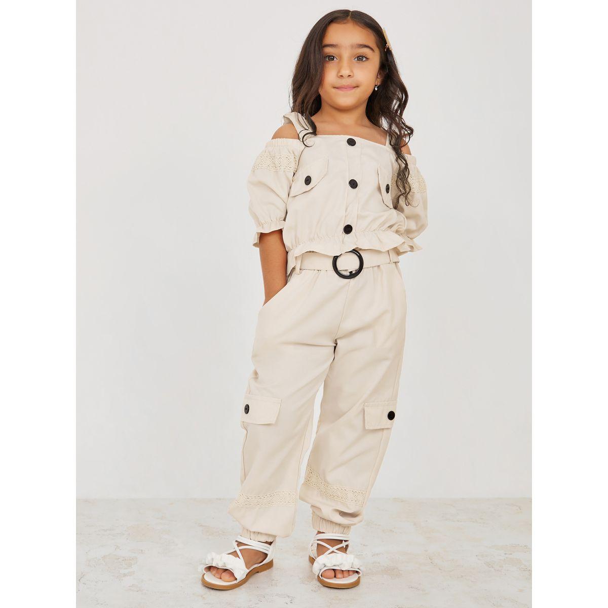 Styli Cold Shoulder Button Detail Top & Cargo Jogger Set-girls-clothing-setsandcoords-image-1