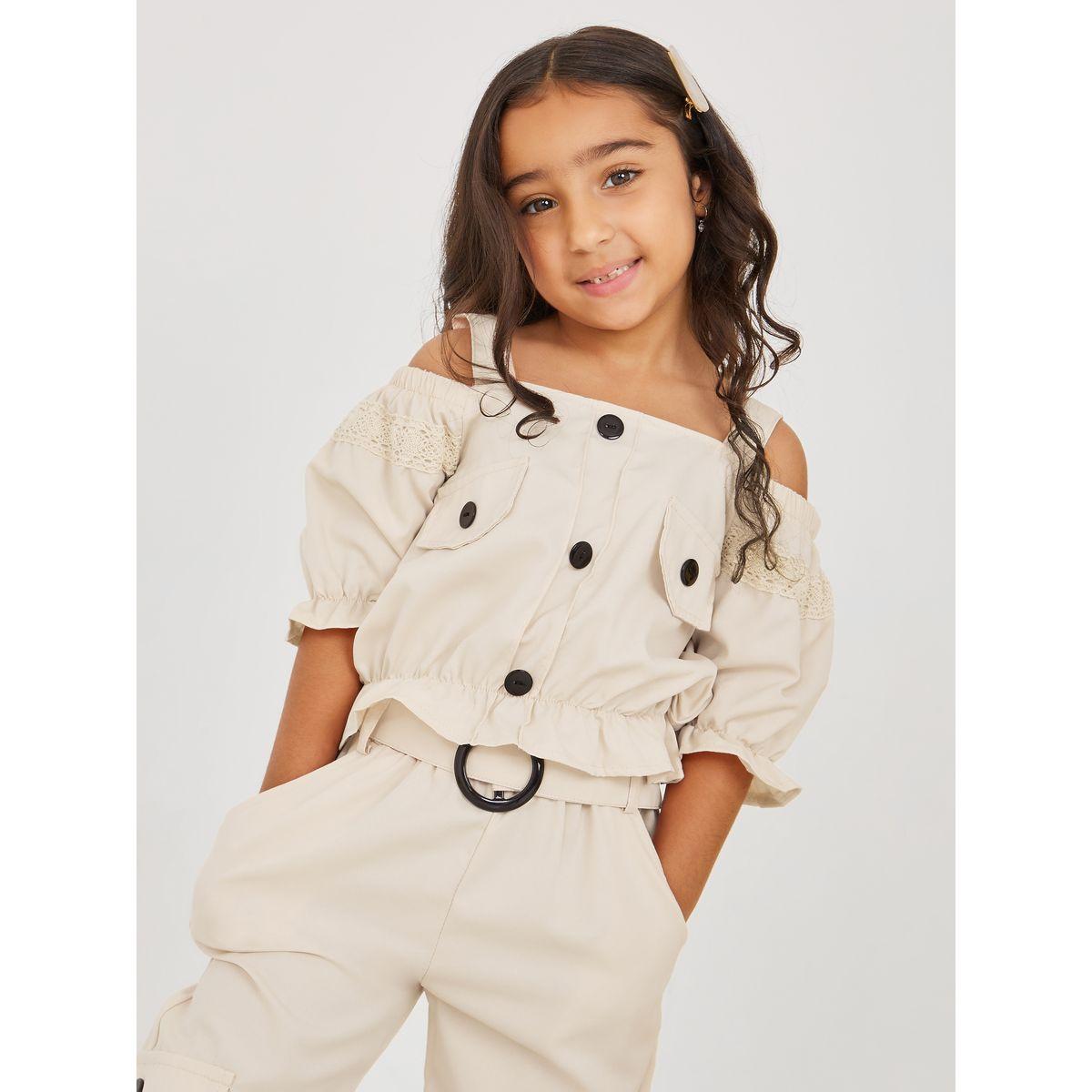 Styli Cold Shoulder Button Detail Top & Cargo Jogger Set-girls-clothing-setsandcoords-image-2