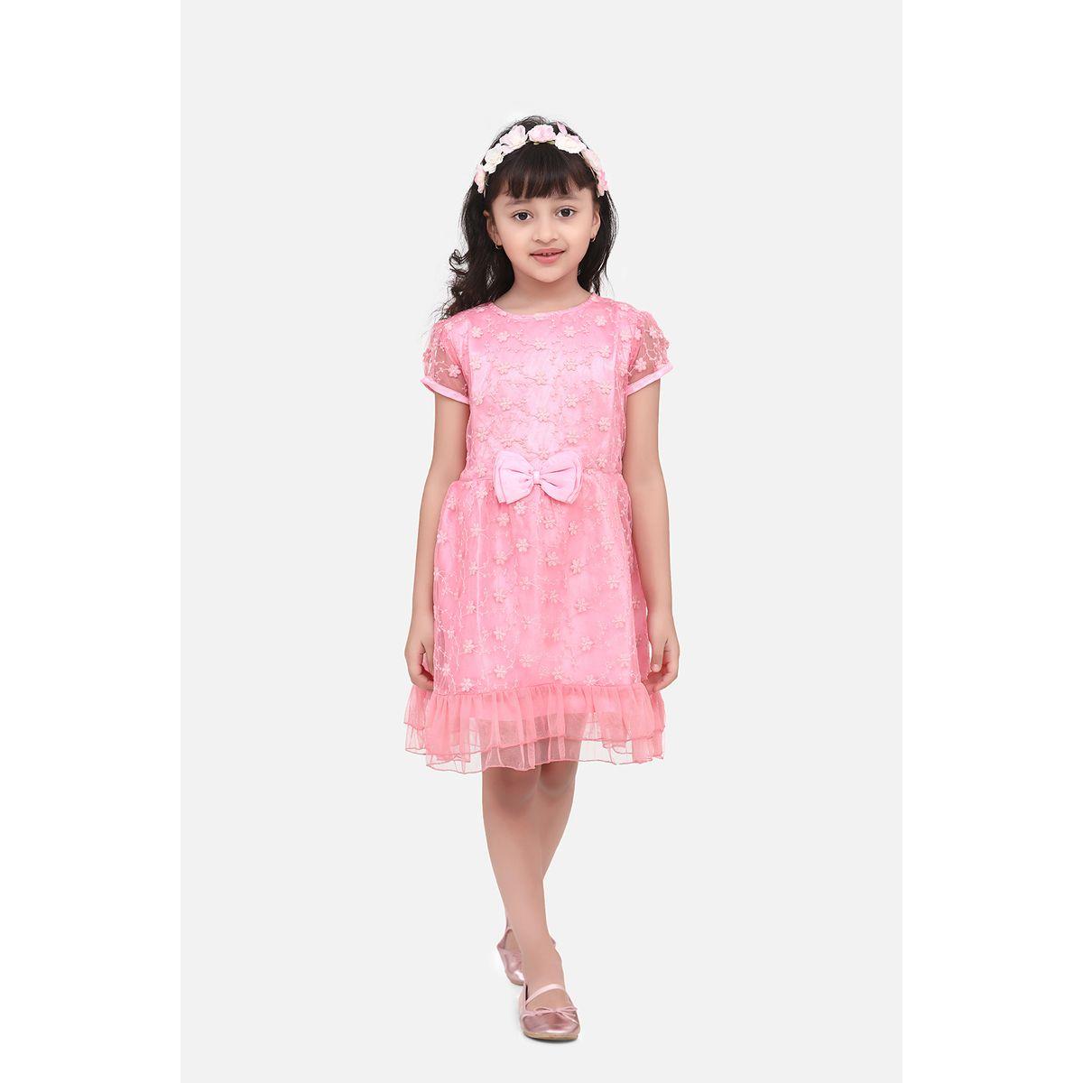 Styli Embroidered Mesh Insert Bow Detail Dress-girls-clothing-dressesandjumpsuits-image-1
