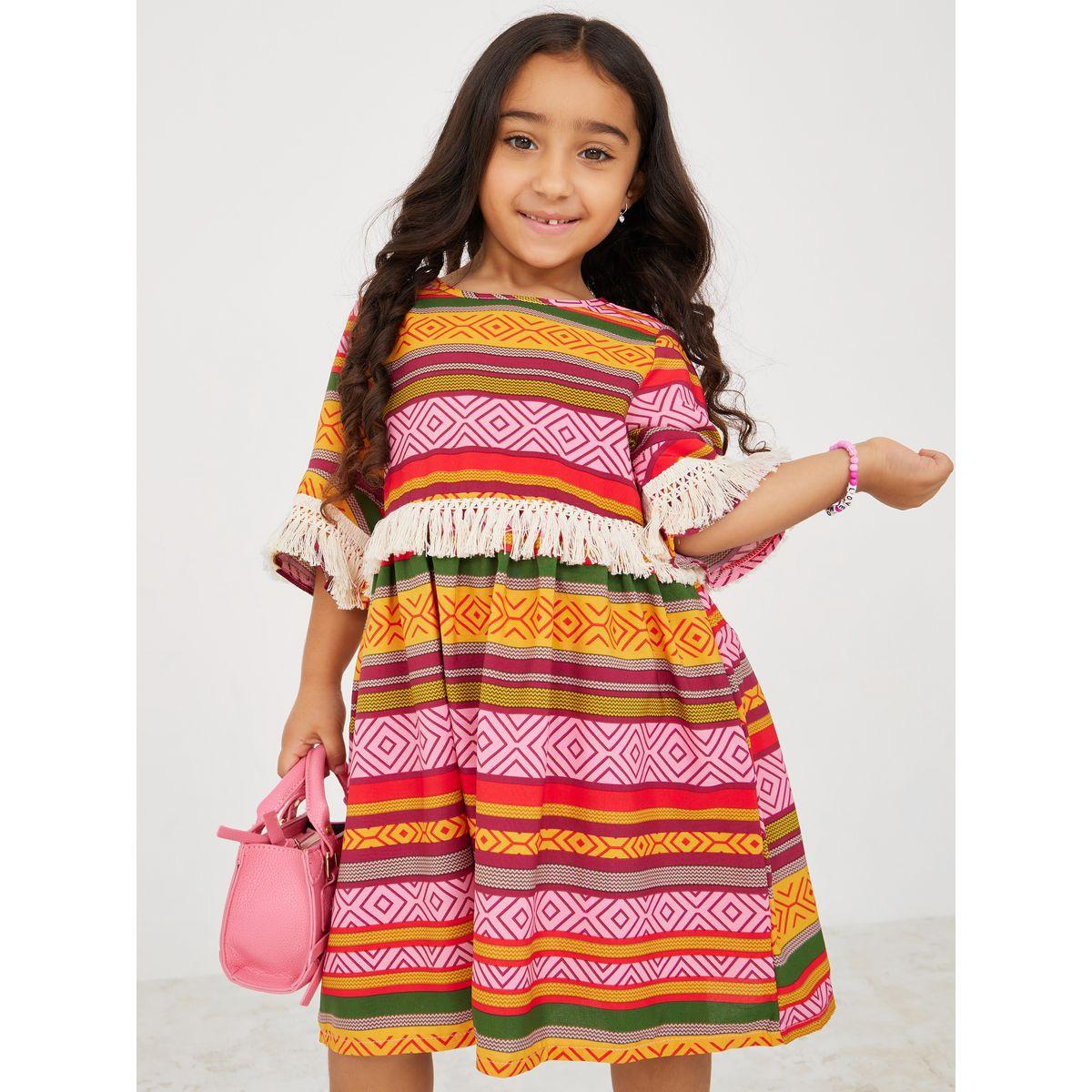 فستان مطبع بالكامل ومزين بشراشيب-girls-clothing-dressesandjumpsuits-image-1