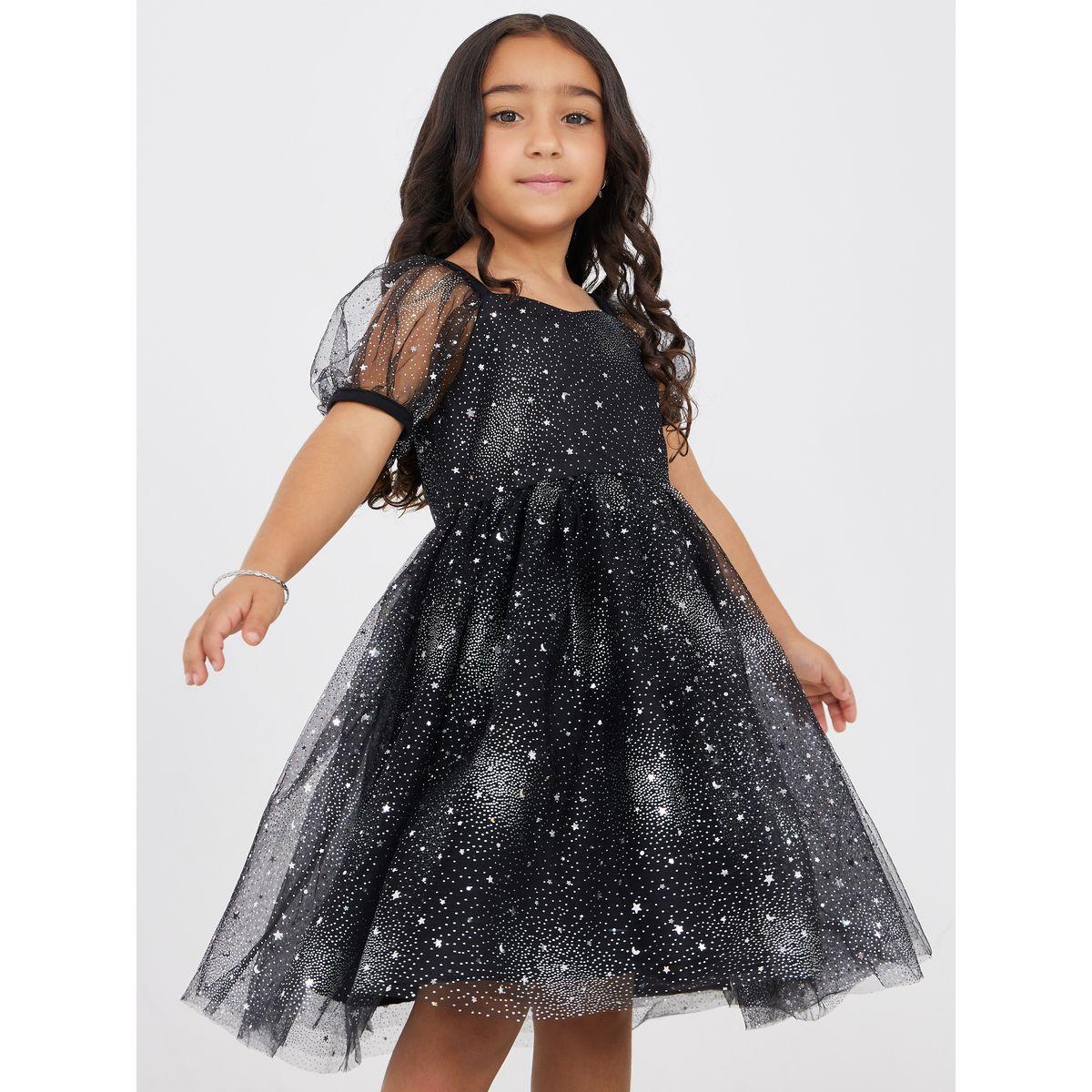 Styli Star Print Mesh Overlay Puff Sleeve Dress-girls-clothing-dressesandjumpsuits-image-1