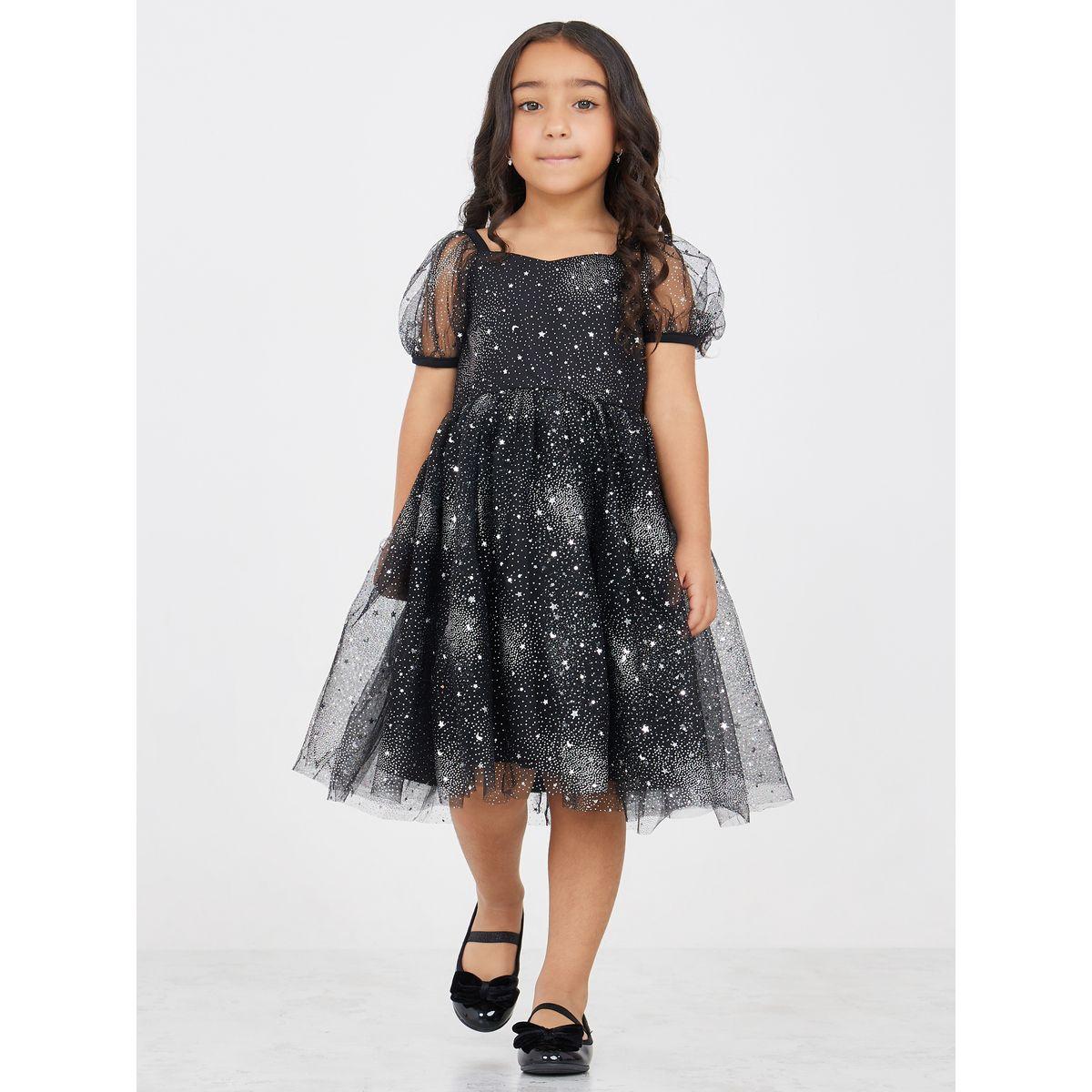 Styli Star Print Mesh Overlay Puff Sleeve Dress-girls-clothing-dressesandjumpsuits-image-2
