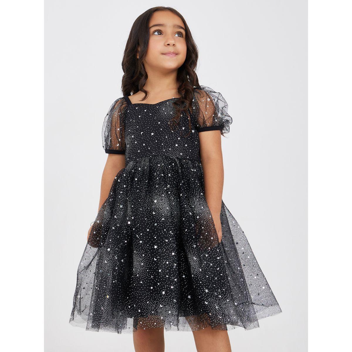 Styli Star Print Mesh Overlay Puff Sleeve Dress-girls-clothing-dressesandjumpsuits-image-3