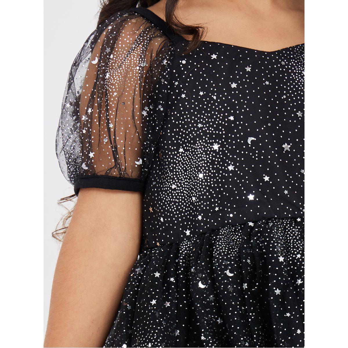 Styli Star Print Mesh Overlay Puff Sleeve Dress-girls-clothing-dressesandjumpsuits-image-4