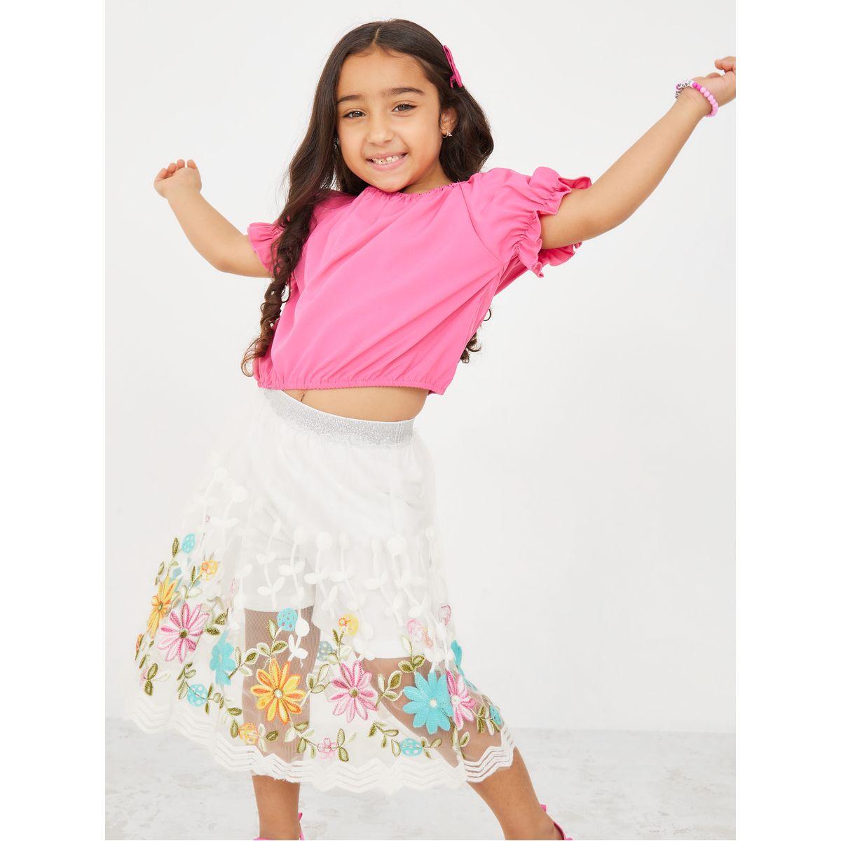 Styli Puff Sleeve Top & Floral Embroidery Mesh Overlay Shorts Set-girls-clothing-setsandcoords-image-1