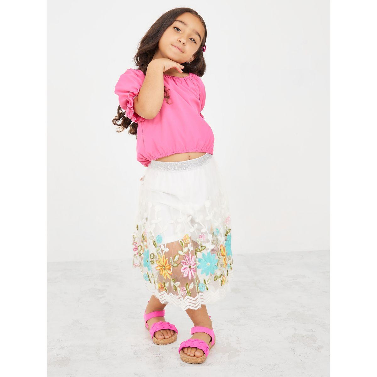 Styli Puff Sleeve Top & Floral Embroidery Mesh Overlay Shorts Set-girls-clothing-setsandcoords-image-2