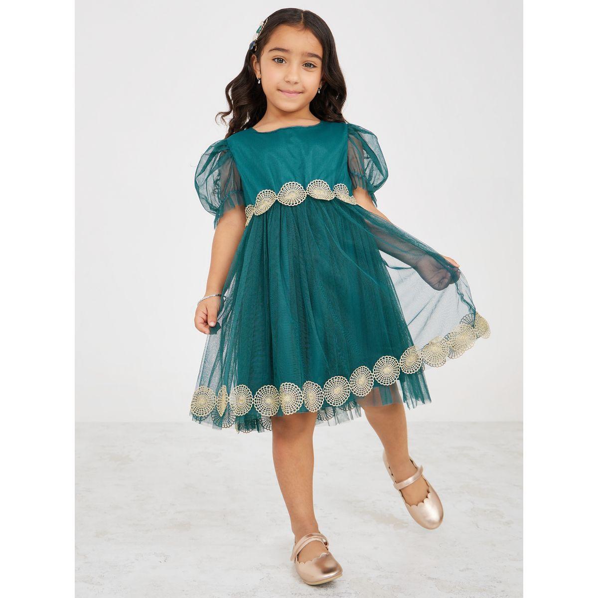 Styli Puff Sleeve Applique Detail Mesh Insert Dress-girls-clothing-dressesandjumpsuits-image-1