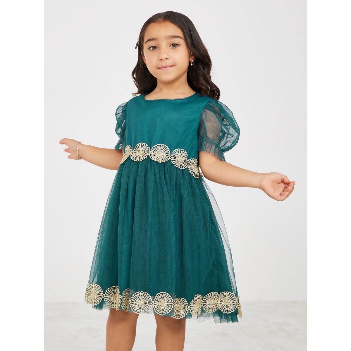Styli Puff Sleeve Applique Detail Mesh Insert Dress-girls-clothing-dressesandjumpsuits-image-2