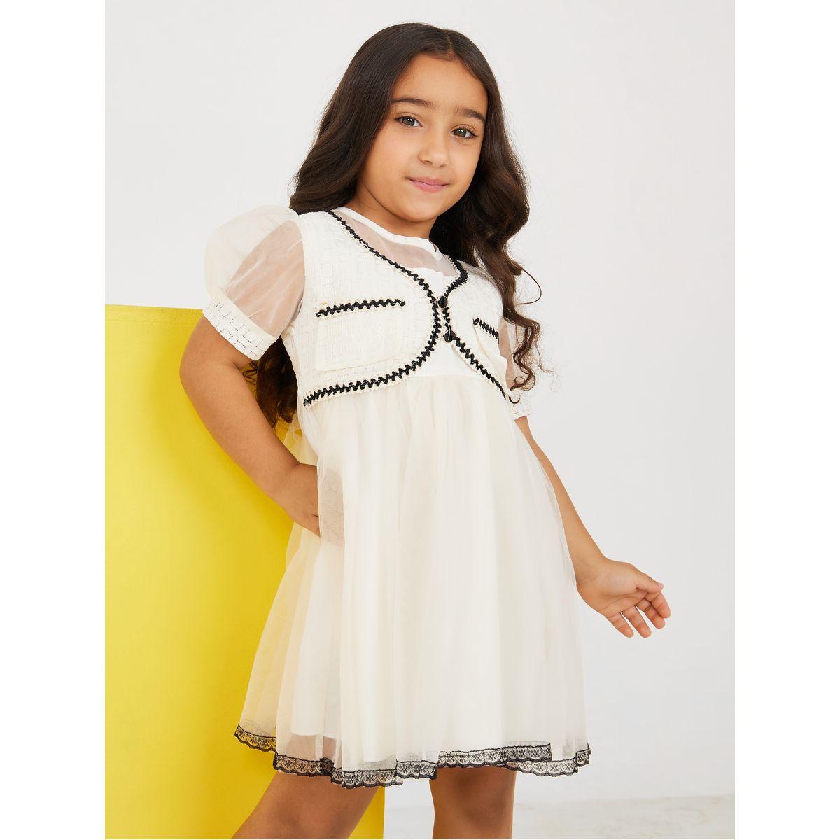 Styli Contrast Trim Tweed Look Mesh Insert Dress-girls-clothing-dressesandjumpsuits-image-1