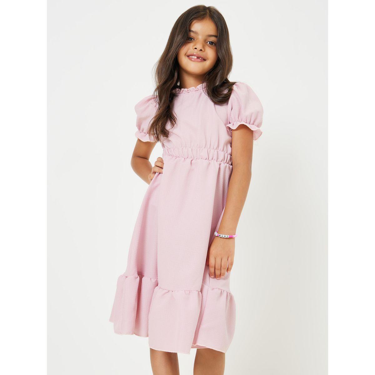 Styli Solid Puff Sleeve Ruffle Hem Dress-girls-clothing-dressesandjumpsuits-image-1