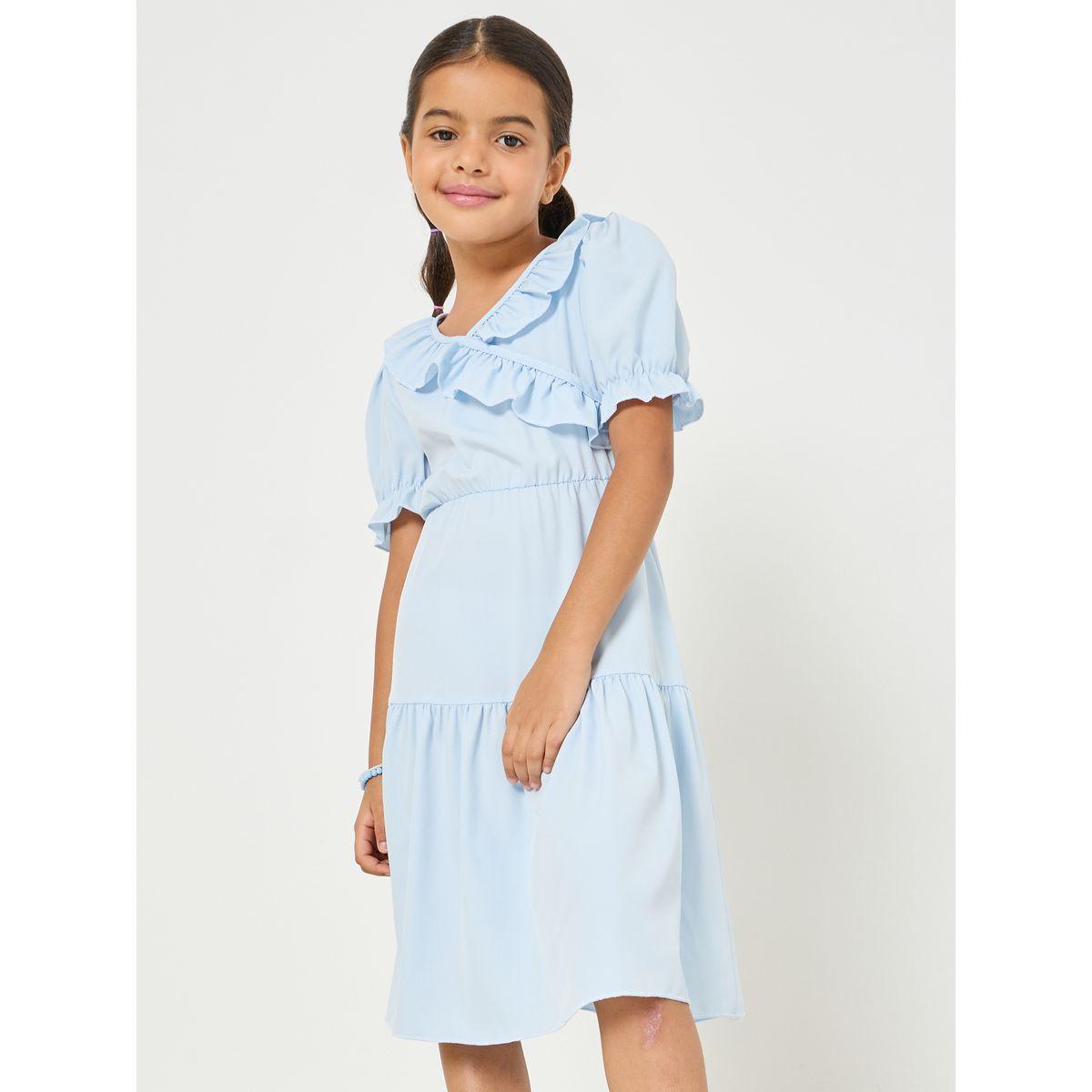 Styli Solid Puff Sleeve Ruffle Dress-girls-clothing-dressesandjumpsuits-image-2