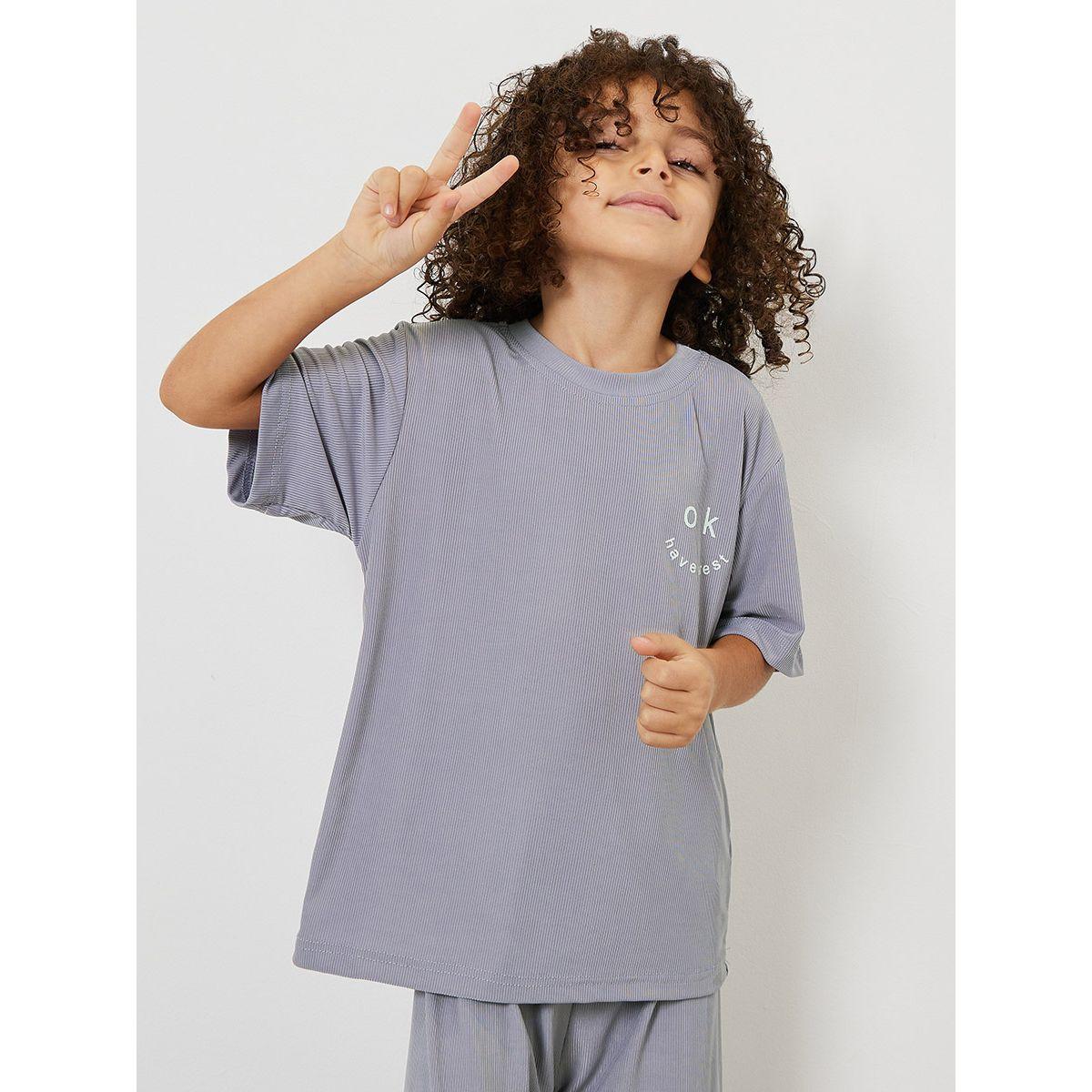Styli Slogan Print Ribbed T-Shirt & Pyjama Set-boys-clothing-nightwear-image-2