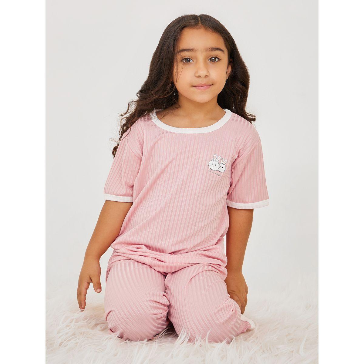 Styli Contrast Trim Ribbed T-Shirt & Pyjama Set-girls-clothing-nightwear-image-1