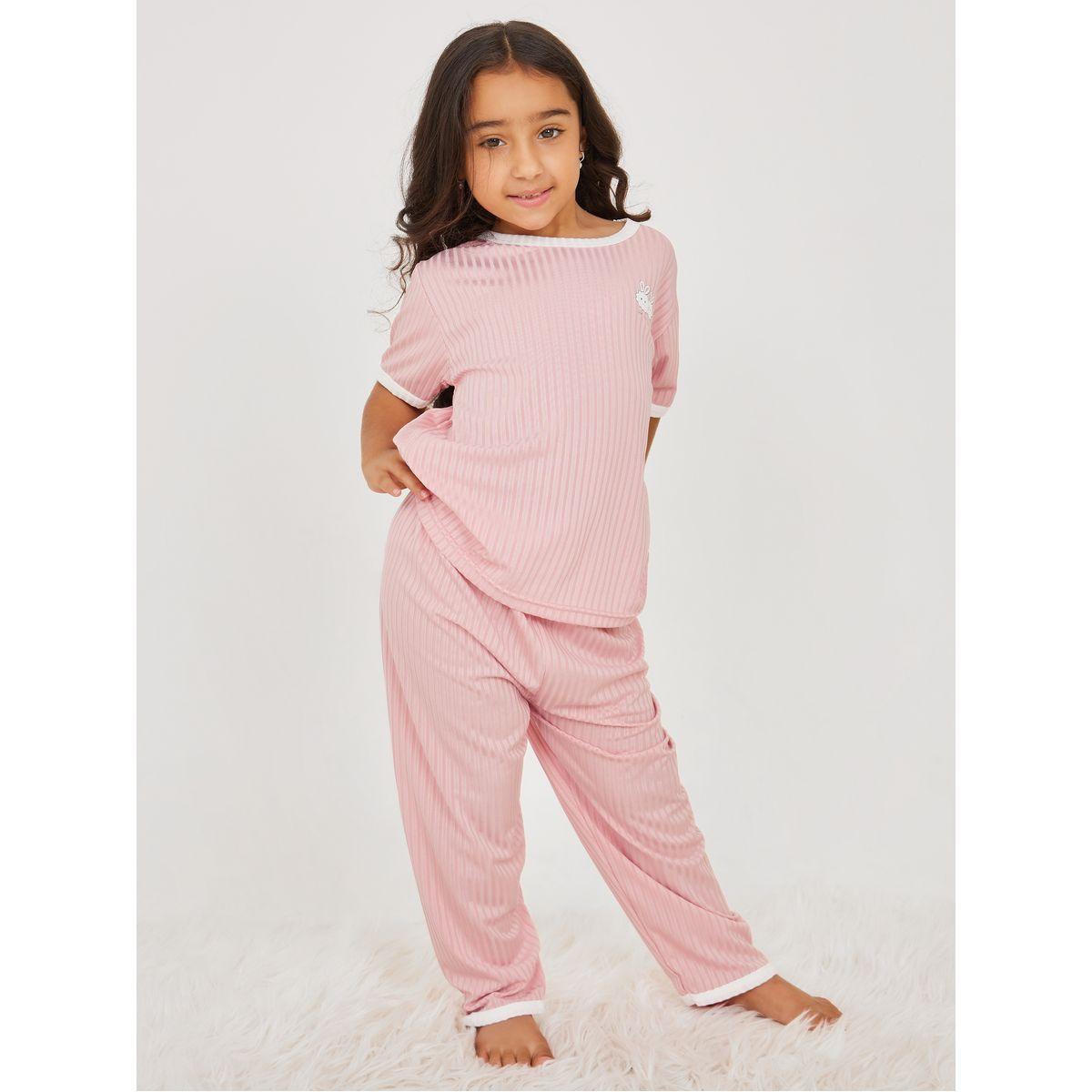 Styli Contrast Trim Ribbed T-Shirt & Pyjama Set-girls-clothing-nightwear-image-2