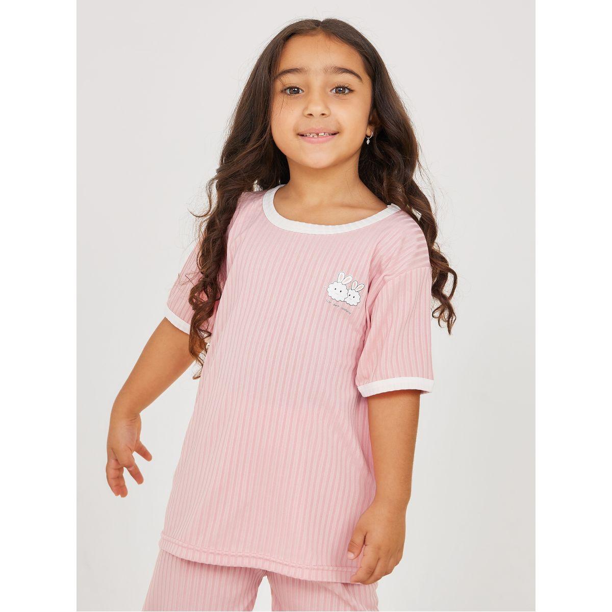Styli Contrast Trim Ribbed T-Shirt & Pyjama Set-girls-clothing-nightwear-image-3