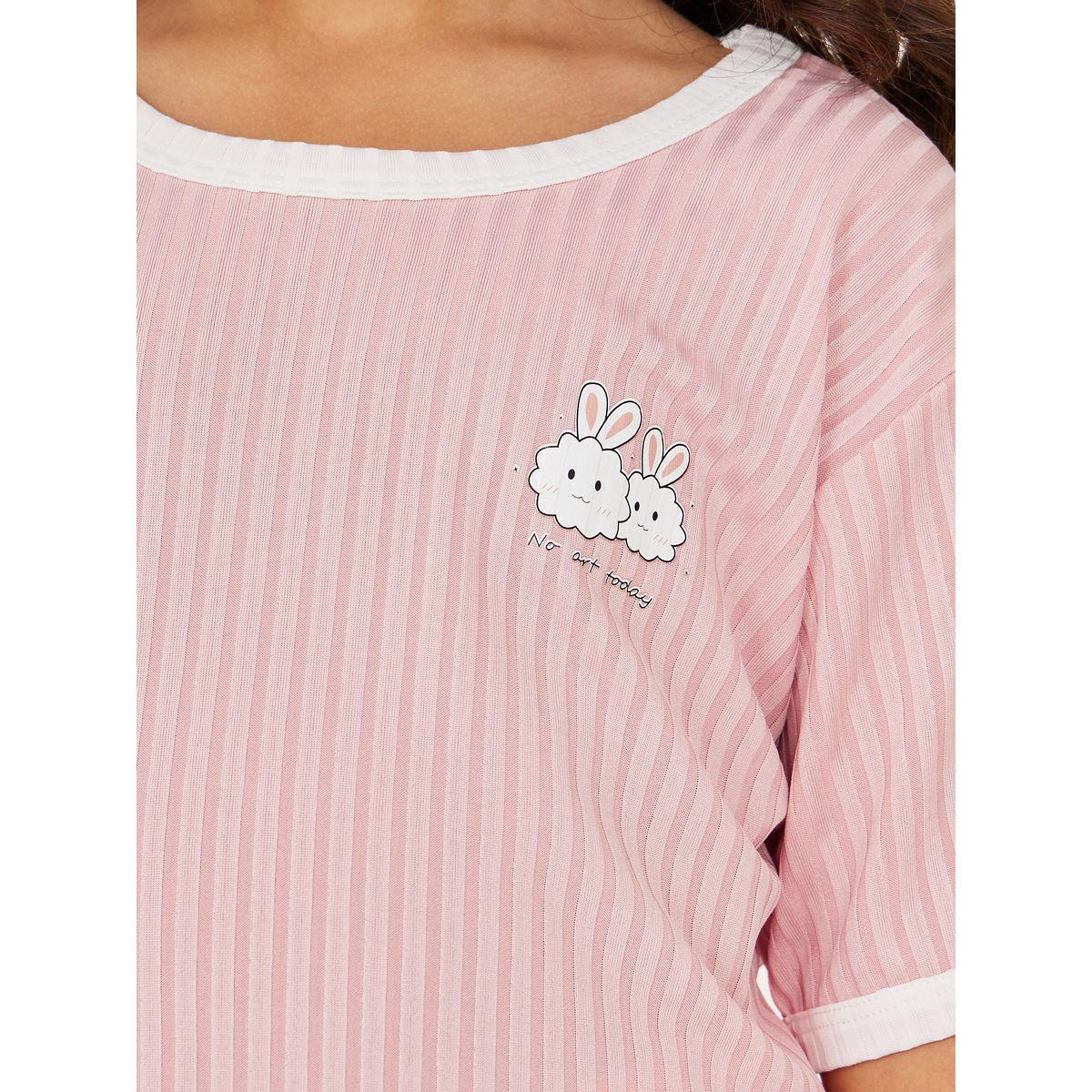 Styli Contrast Trim Ribbed T-Shirt & Pyjama Set-girls-clothing-nightwear-image-4