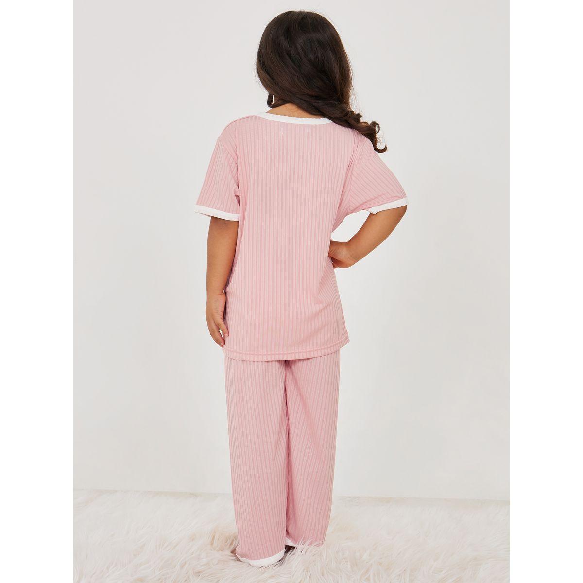 Styli Contrast Trim Ribbed T-Shirt & Pyjama Set-girls-clothing-nightwear-image-6