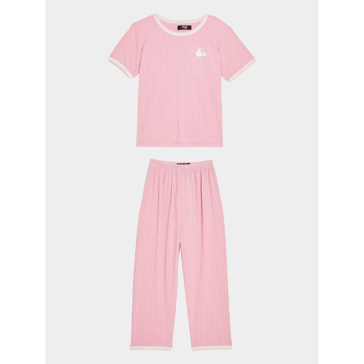 Styli Contrast Trim Ribbed T-Shirt & Pyjama Set-girls-clothing-nightwear-image-7
