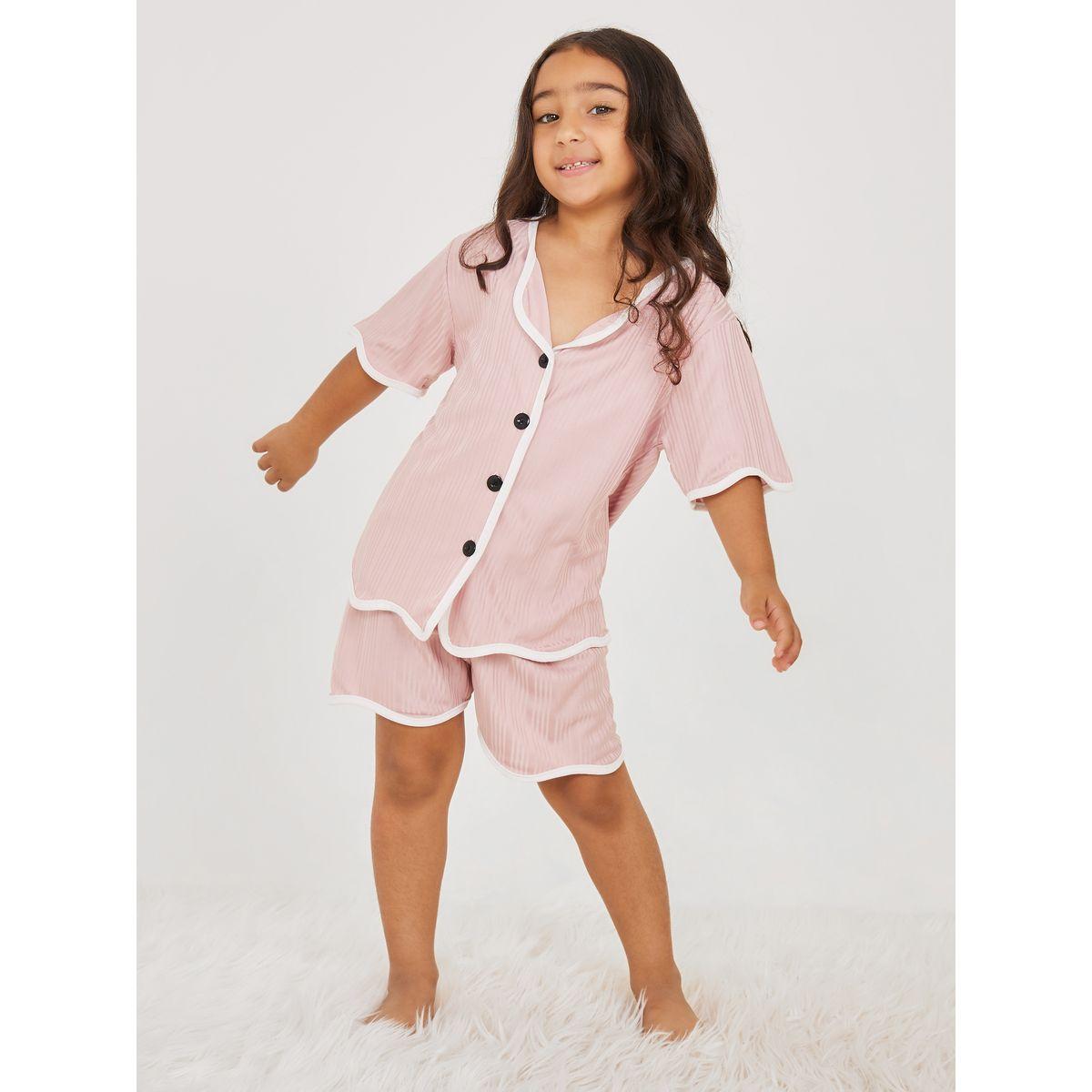Styli Contrast Trim Button Detail Top & Shorts Set-girls-clothing-nightwear-image-1