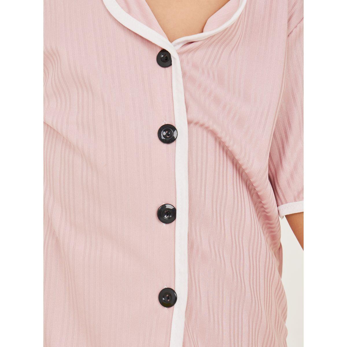 Styli Contrast Trim Button Detail Top & Shorts Set-girls-clothing-nightwear-image-3