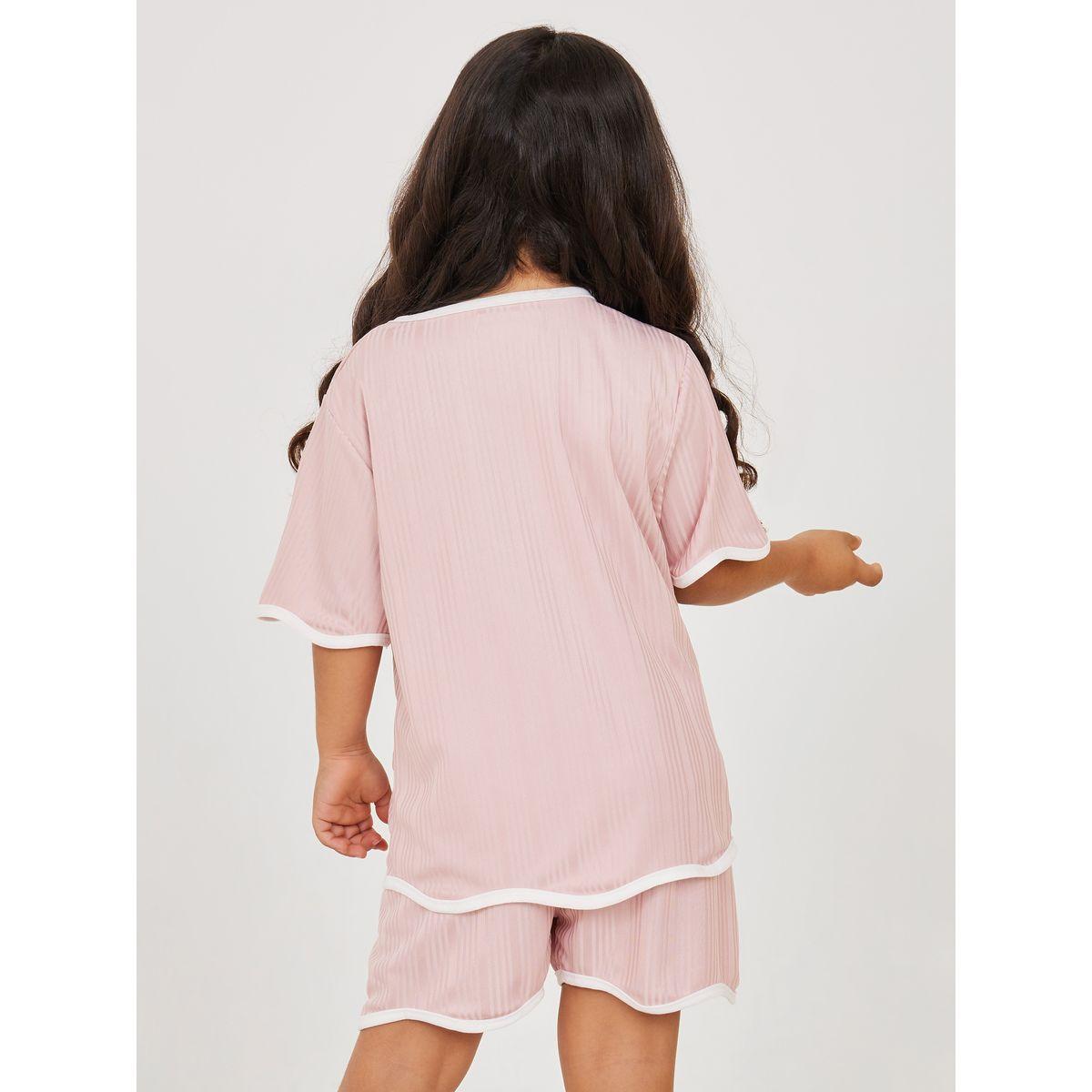 Styli Contrast Trim Button Detail Top & Shorts Set-girls-clothing-nightwear-image-5