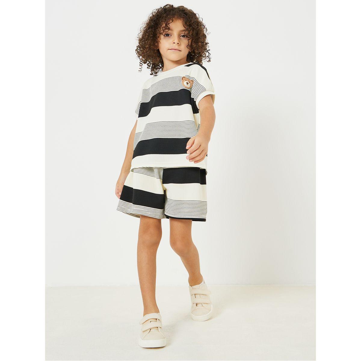 Styli Bear Patch Striped T-Shirt & Shorts Set-boys-clothing-setsandcoords-image-1