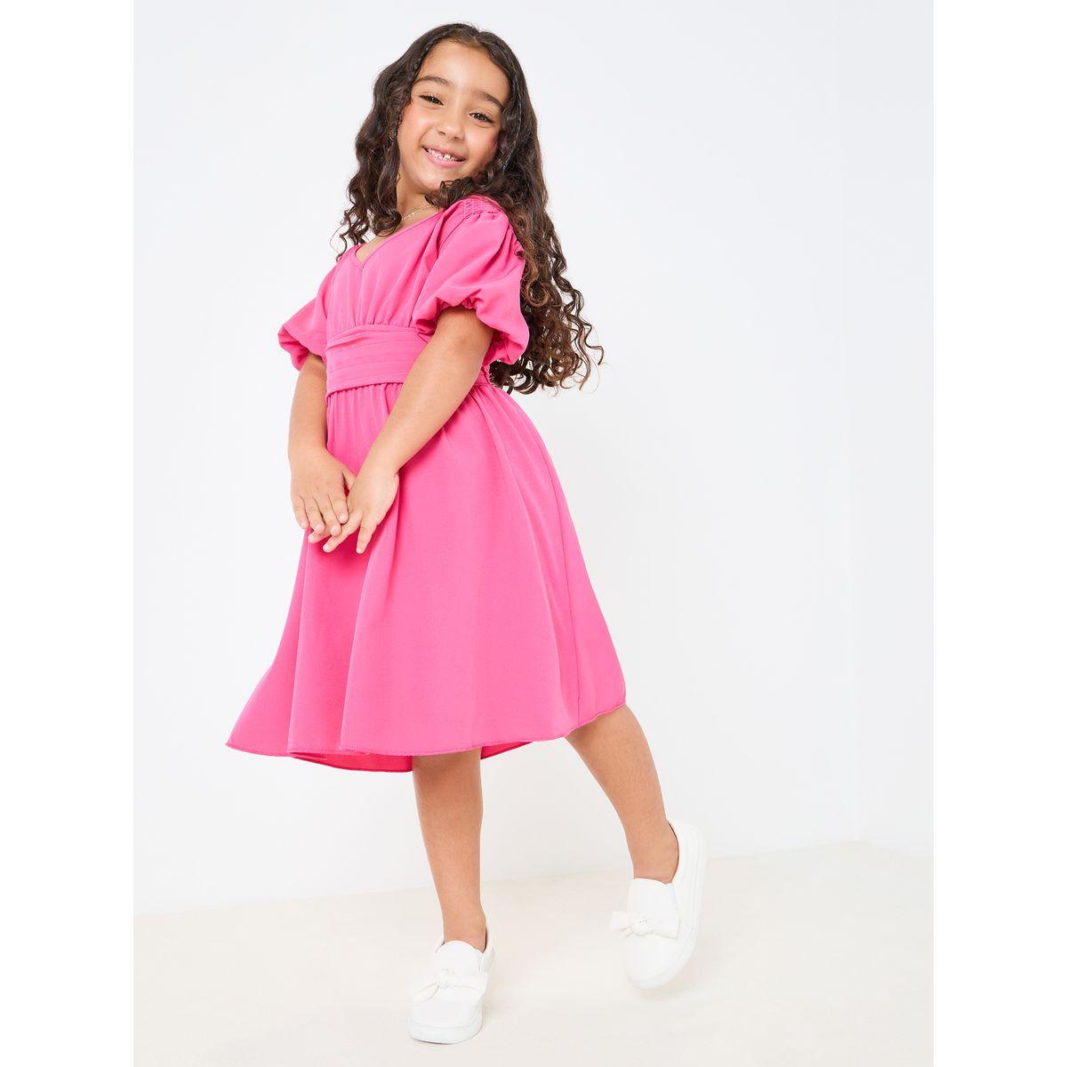 Styli Solid Puff Sleeve Dress with Fold Pleat Detail-girls-clothing-dressesandjumpsuits-image-1
