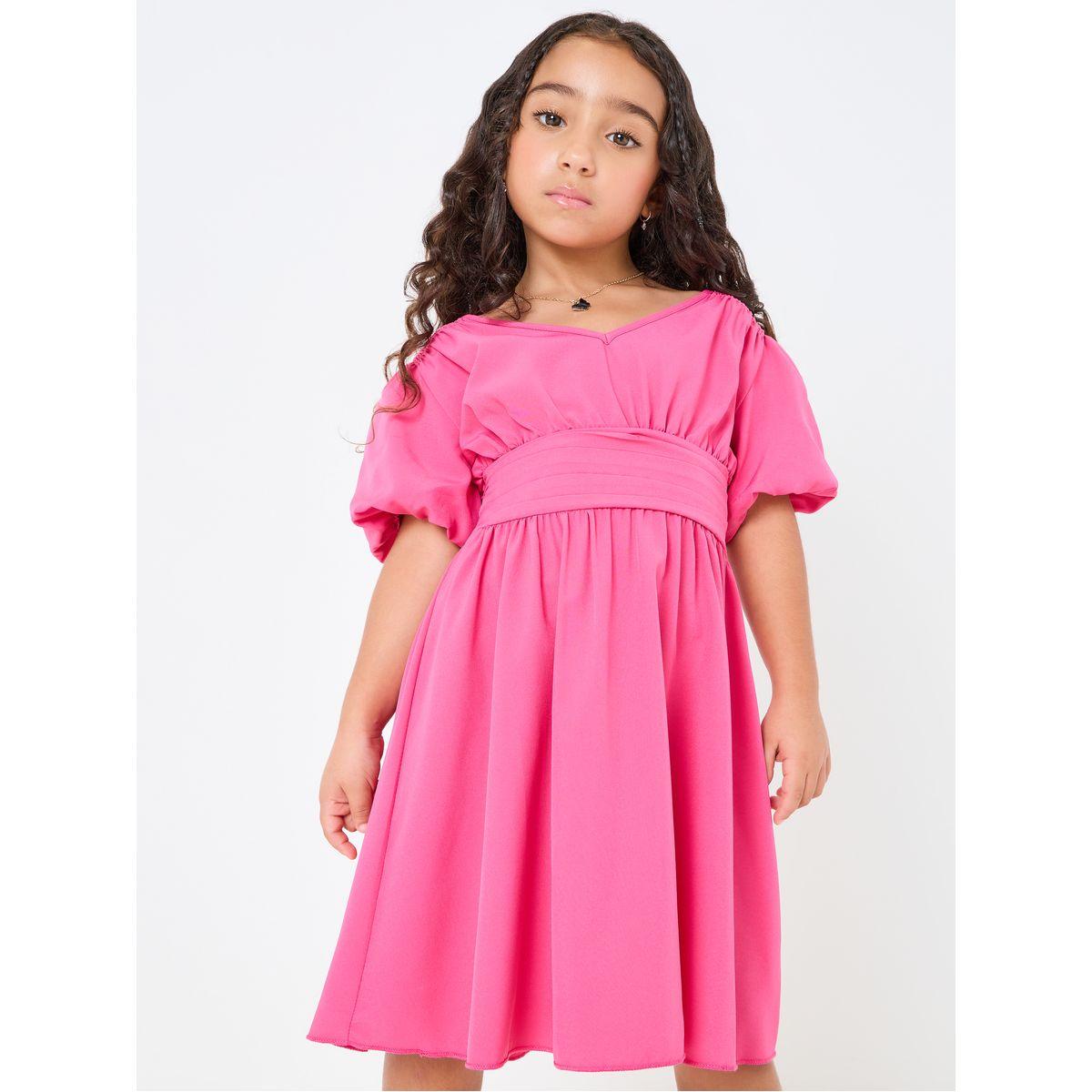 Styli Solid Puff Sleeve Dress with Fold Pleat Detail-girls-clothing-dressesandjumpsuits-image-2