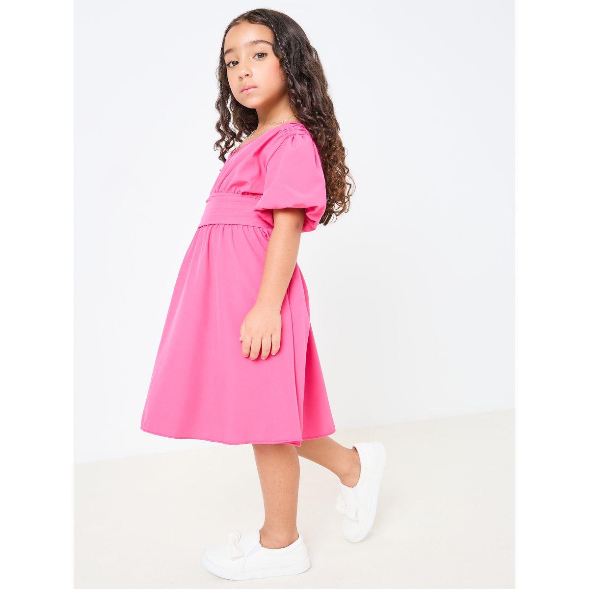 Styli Solid Puff Sleeve Dress with Fold Pleat Detail-girls-clothing-dressesandjumpsuits-image-3