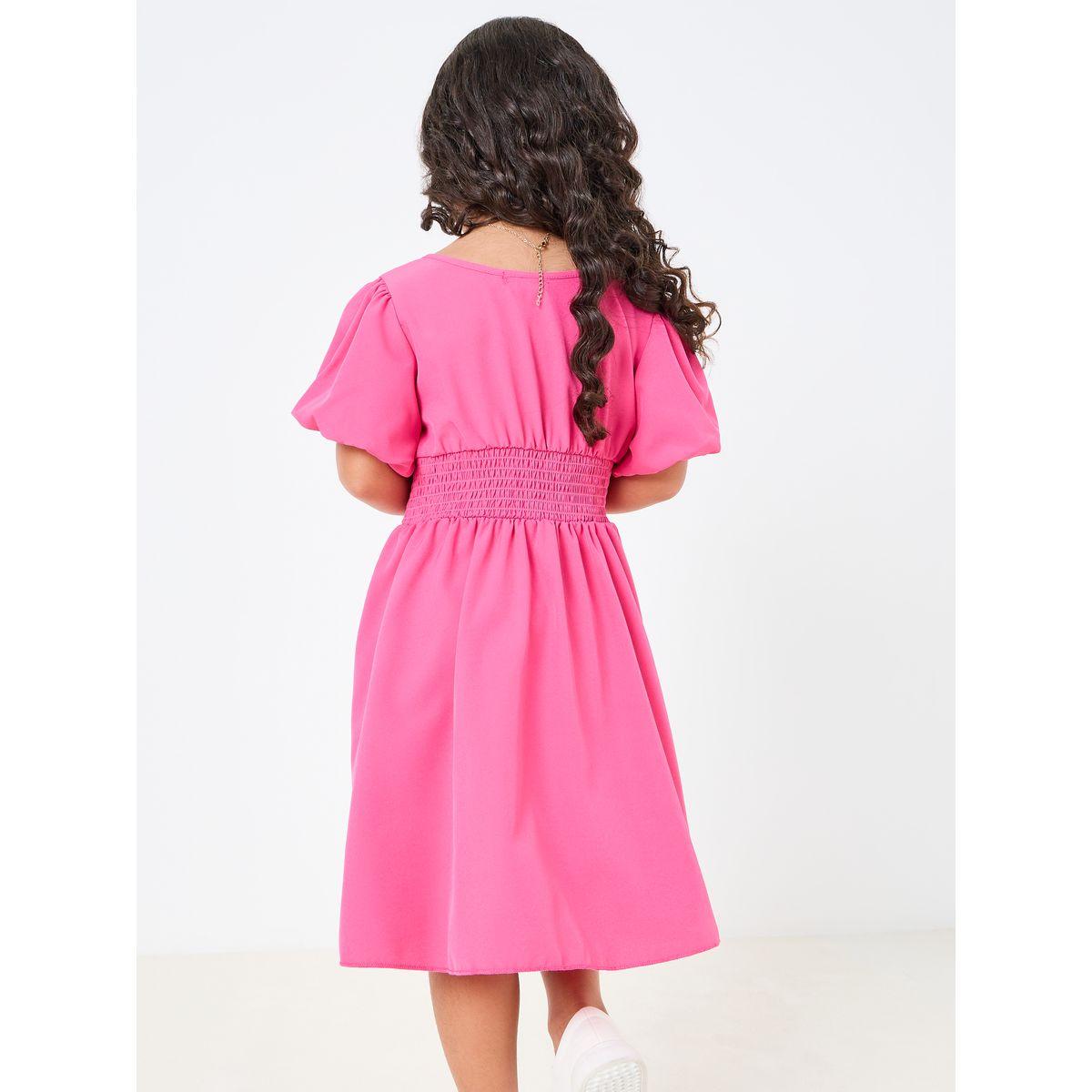Styli Solid Puff Sleeve Dress with Fold Pleat Detail-girls-clothing-dressesandjumpsuits-image-5